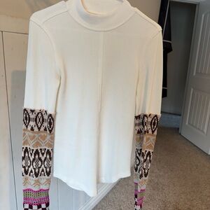 Free People White Top with Multicolor Patterned Sleeves